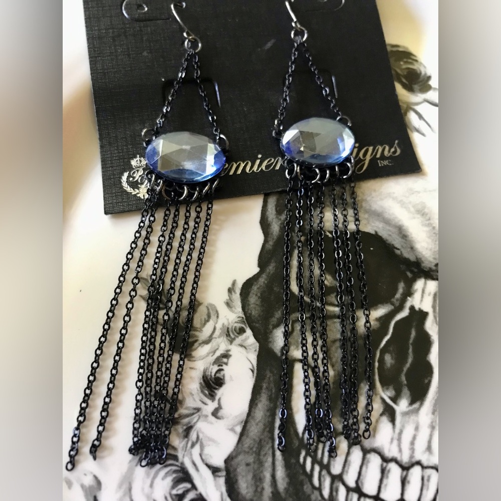 2for $10. Premier Designs Black Chain,Blue Crystal, Dangle Earrings